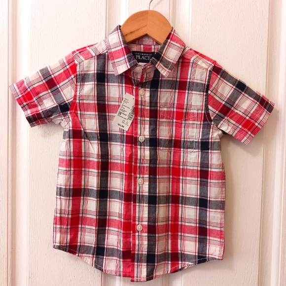 New Boys 3T shirt, Red, black and white plaid cotton blend. NWT - Picture 1 of 4